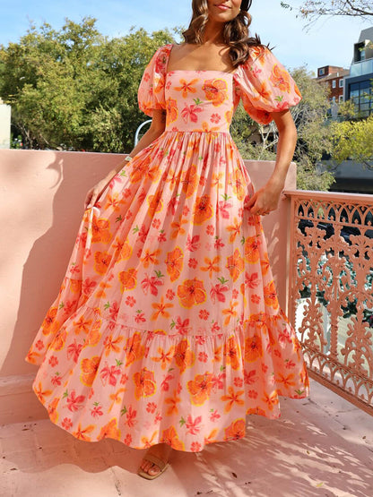 Puff Sleeve Floral Print Back Smocked Pocket Maxi Dress