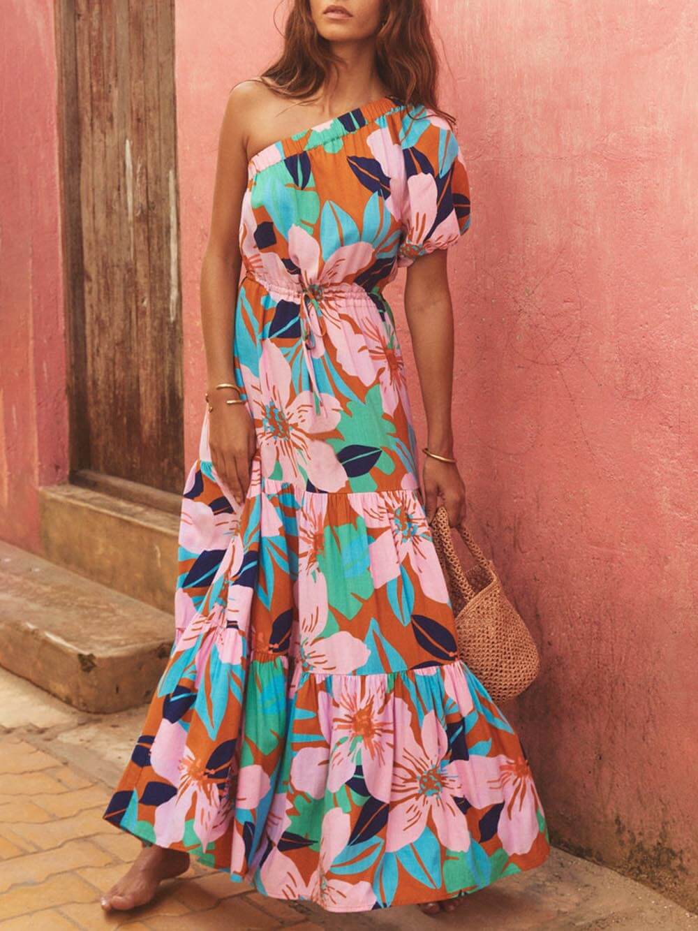 Off-Shoulder Palm Leaf Print Holiday Style Floral Dress