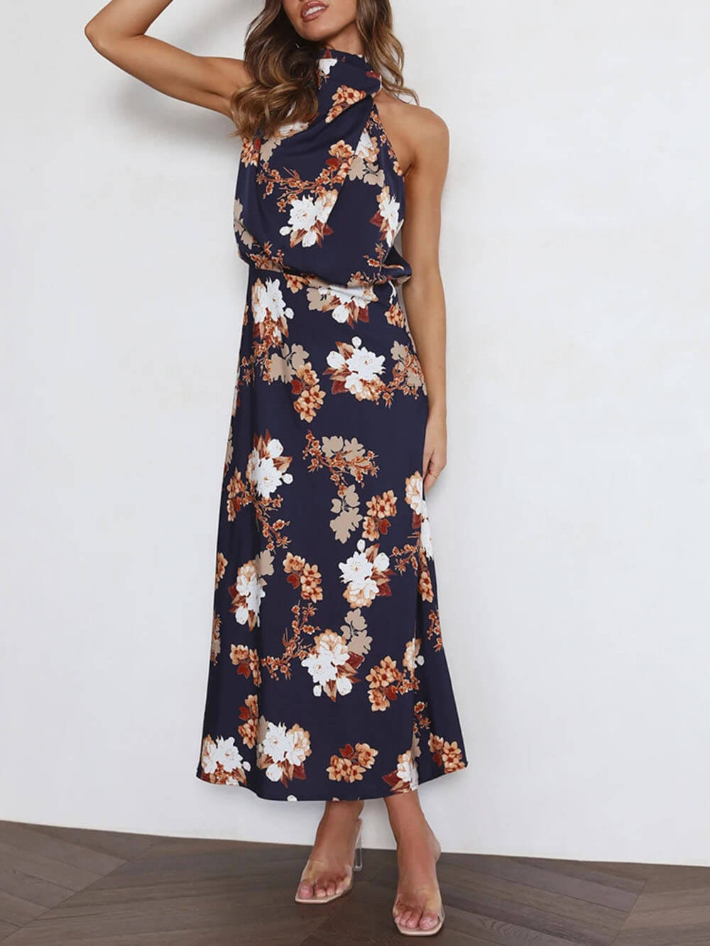 Halter Neck Floral Elastic Waist Maxi Dress