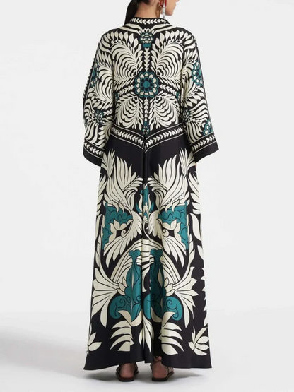 Elegance Floral Print Waterfall Sleeves Maxi Dress