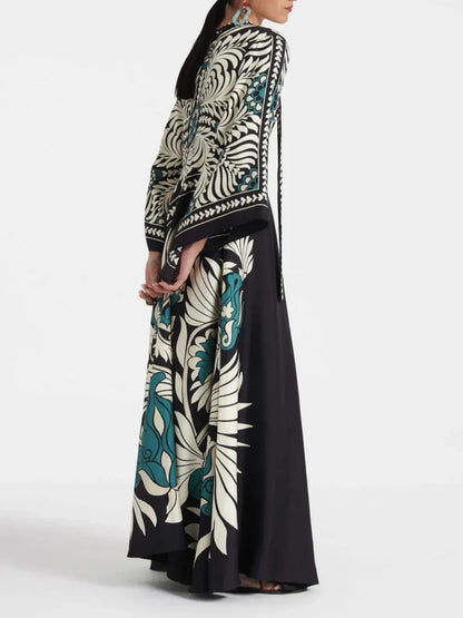 Elegance Floral Print Waterfall Sleeves Maxi Dress