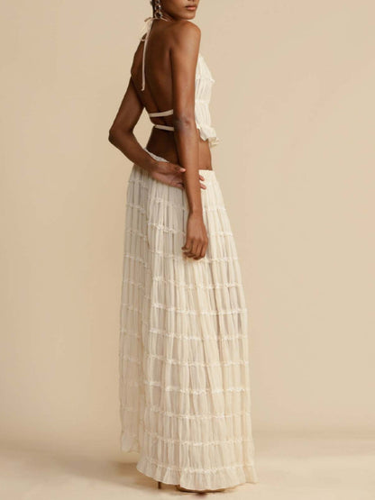 Pleated Drawstring Charm Waist Tiered Maxi Skirt